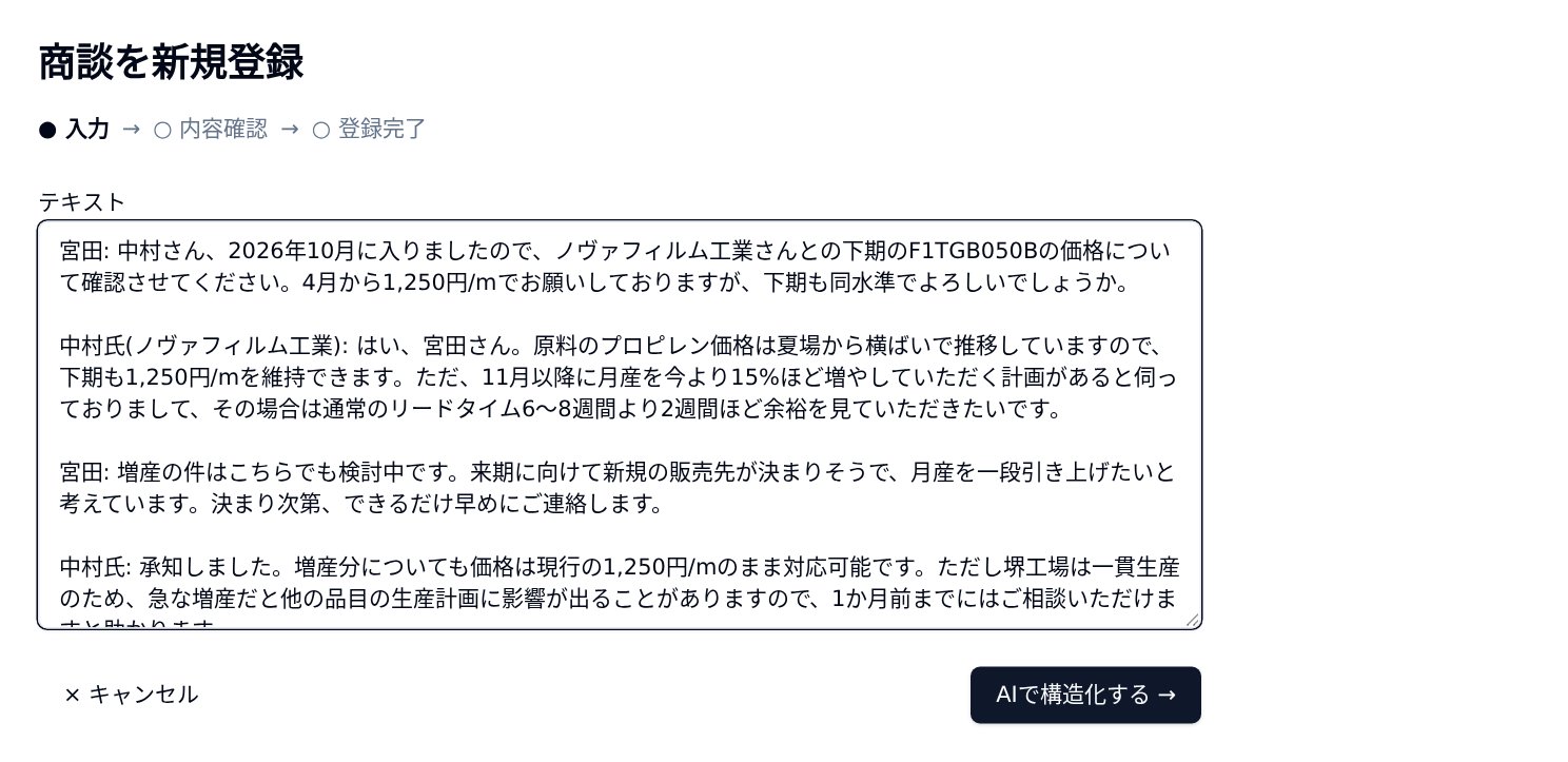 商談の書き起こしを貼り付ける画面